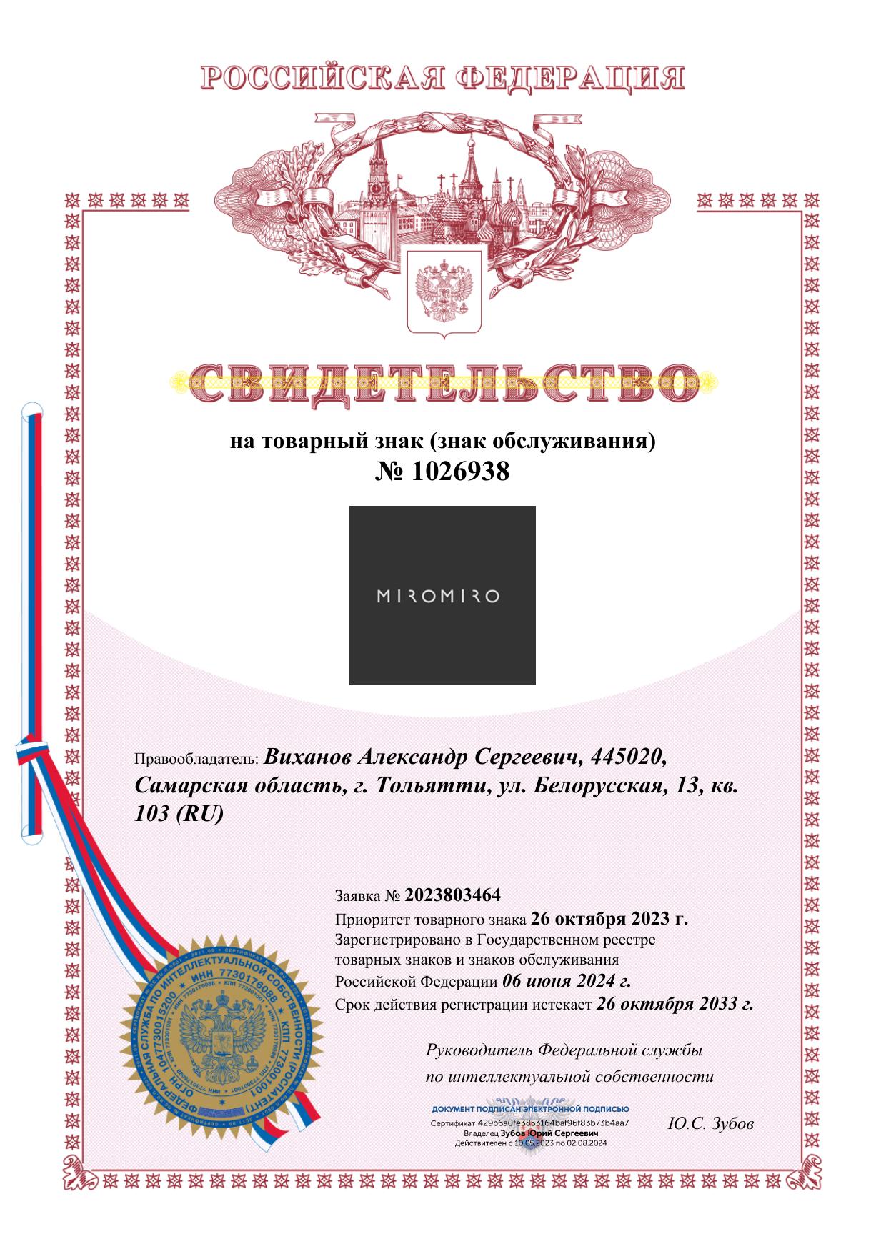 Свидетельство на товарный знак MIROMIRO
